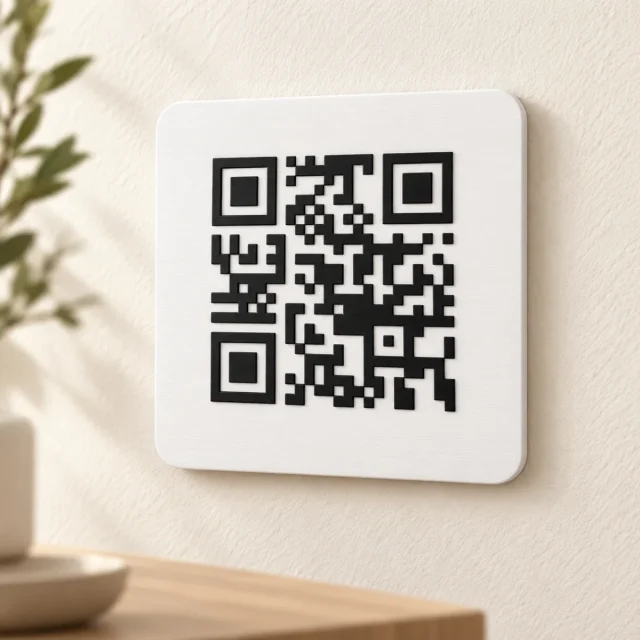 Wizualizacja białej tabliczki z czarnym kodem QR na ścianie
